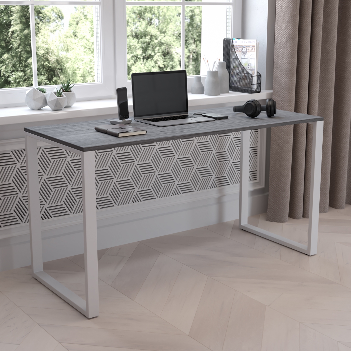 GC-GF156W-14-GRY-GG 55 in. Kimberly Modern Commercial Grade Desk Industrial Style Computer Desk Sturdy Home Office Desk, Rustic Gray