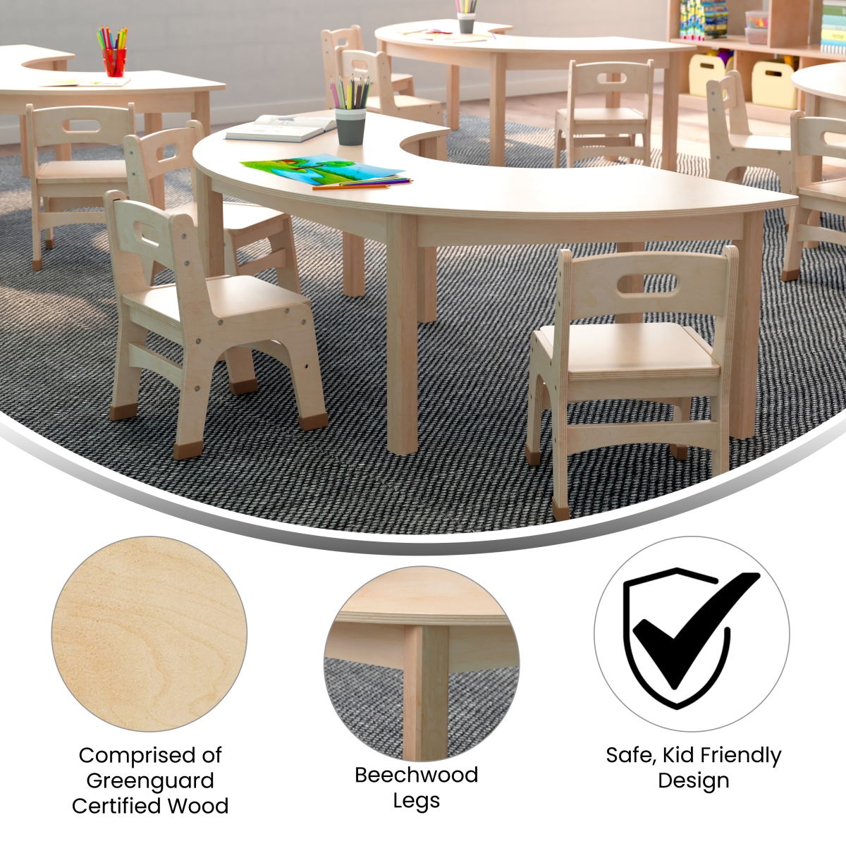 Picture of Flash Furniture MK-ME088014-GG 29.5 x 59 x 18 in. Bright Beginnings Commercial Grade Wooden Half Circle Preschool Classroom Activity Table, Beech