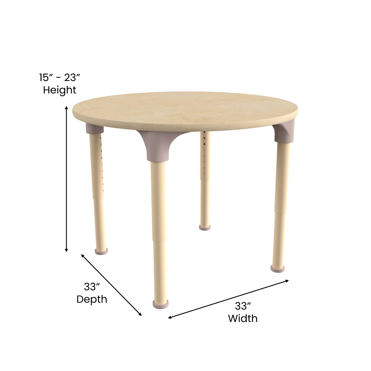 Picture of Flash Furniture MK-ME088021-GG 33 in. Bright Beginnings Round Commercial Grade Wooden Adjustable Height Classroom Activity Table - Metal Legs Adjust From 15-23 in., Beech