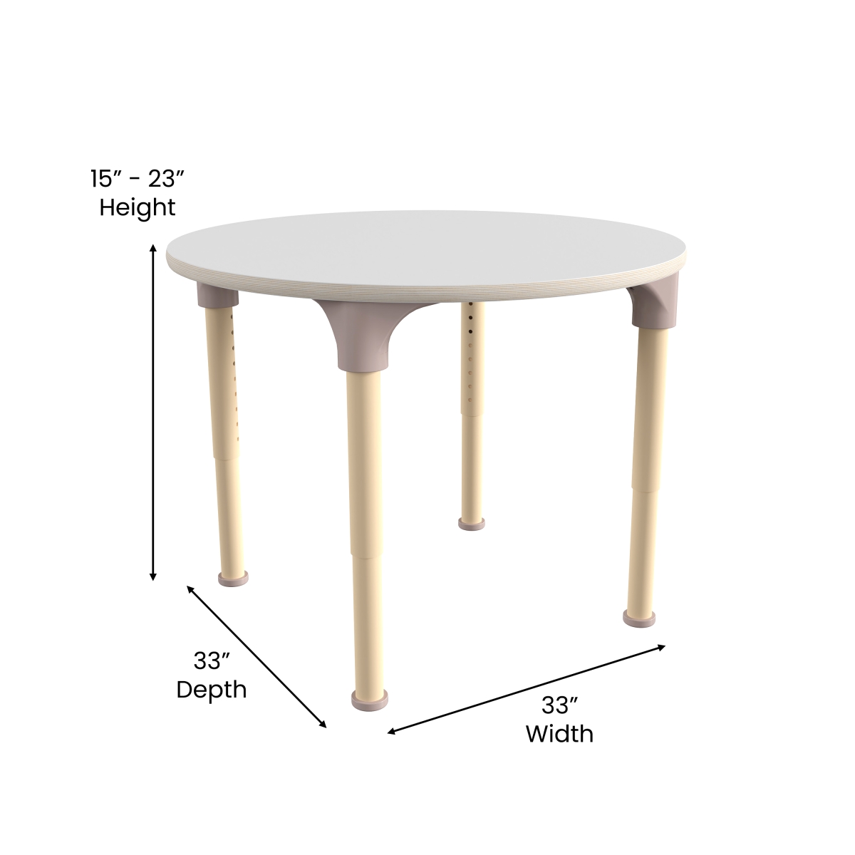 Picture of Flash Furniture MK-ME088022-GG 33 in. Bright Beginnings Round Commercial Grade Wooden Adjustable Height Classroom Activity Table - Metal Legs Adjust From 15-23 in.&#44; Beech & White