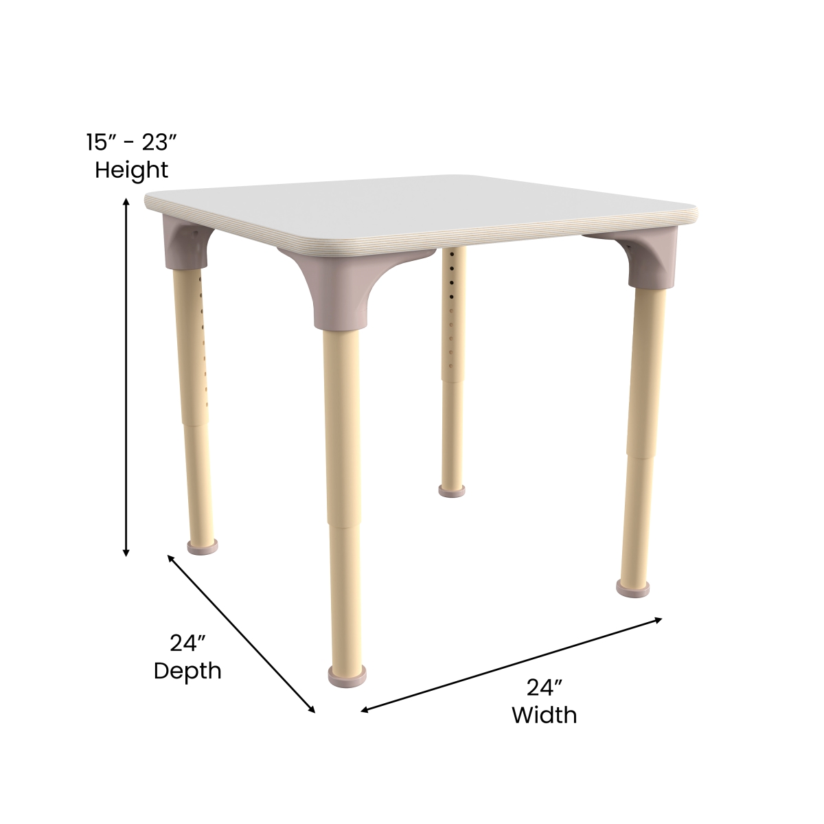 Picture of Flash Furniture MK-ME088024-GG 24 in. Bright Beginnings Square Commercial Grade Wooden Adjustable Height Classroom Activity Table - Metal Legs Adjust From 15-23 in.&#44; Beech & White