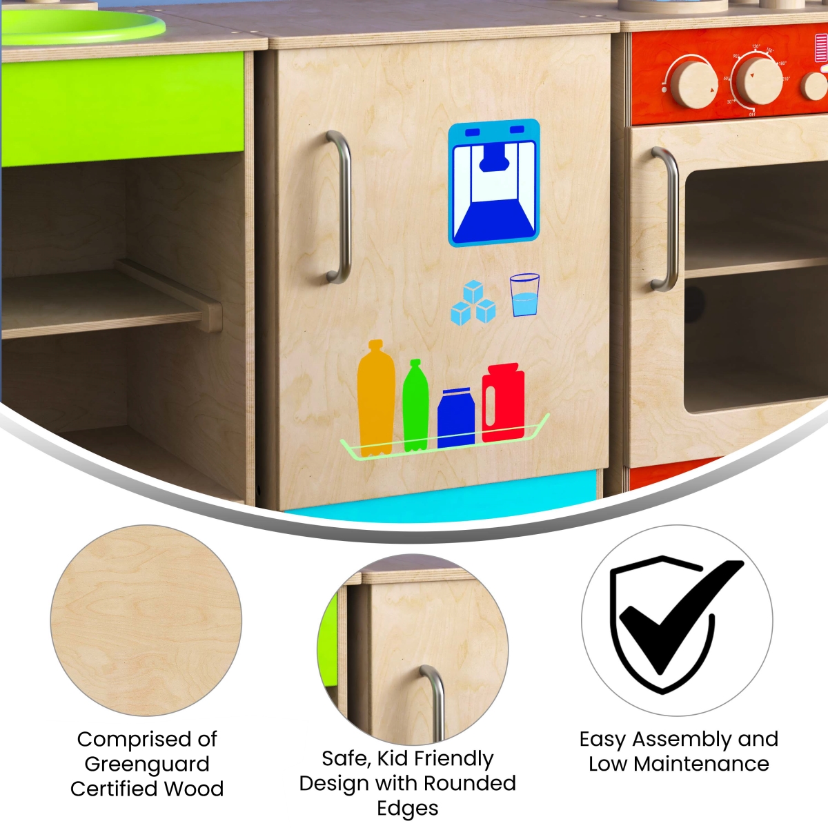 Picture of Flash Furniture MK-ME03508-GG Bright Beginnings Commercial Grade Green Guard Certified Wooden Childrens Kitchen Refrigerator with Integrated Storage, Beech