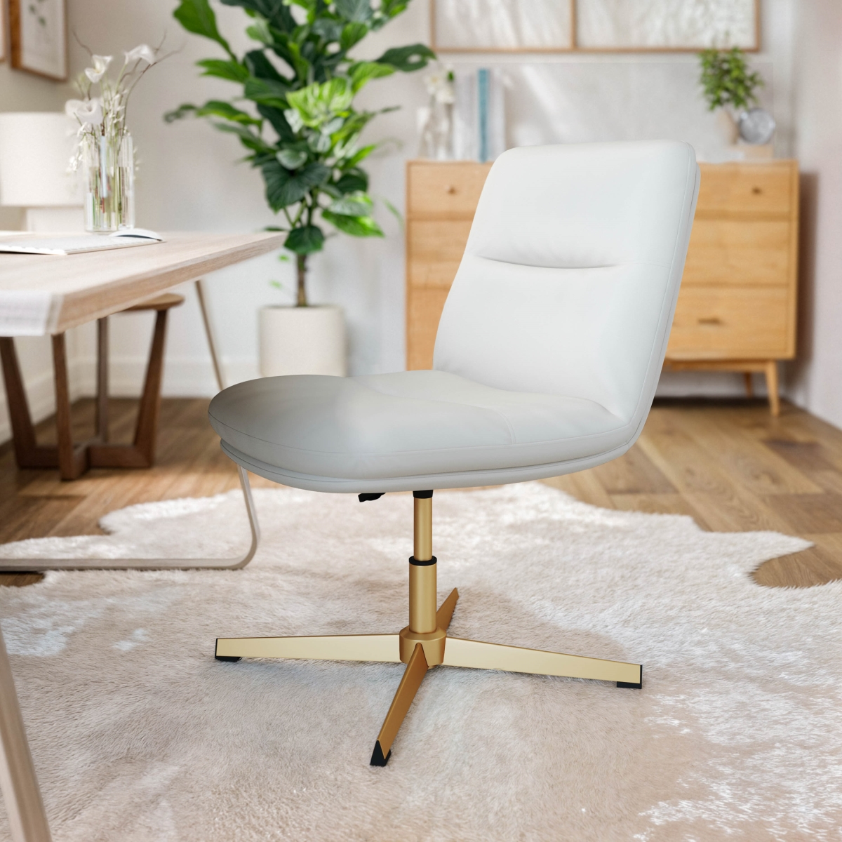 CH-232174-WH-GLD-GG Chloe Commercial Mid-Back White Padded Leather Soft Armless Stationary Task Office Chair with Adjustable Height