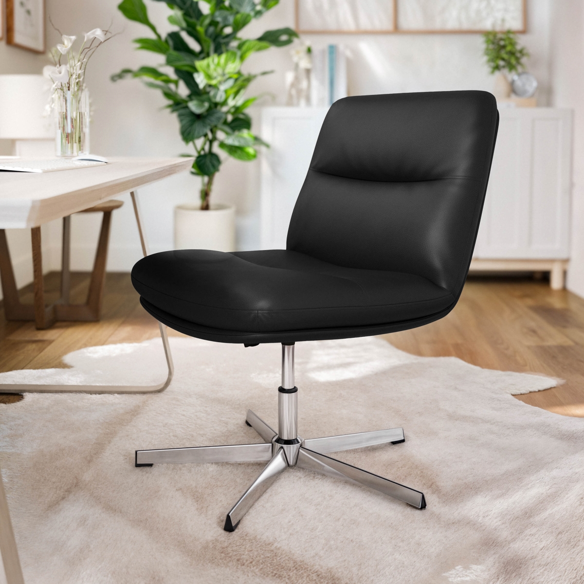 CH-232196-BK-GG Chloe Commercial Wide Mid-Back Black Padded Leather Soft Armless Stationary Task Office Chair with Adjustable Height