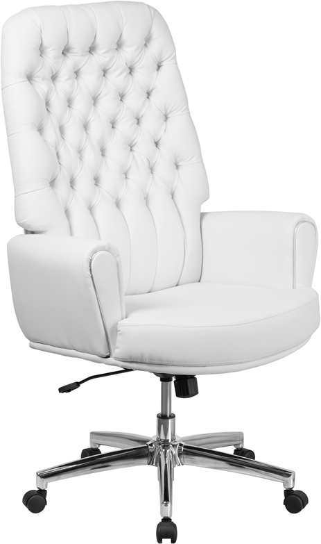Bt-444-wh-gg High Back Traditional Tufted Leather Executive Swivel Chair With Arms, White