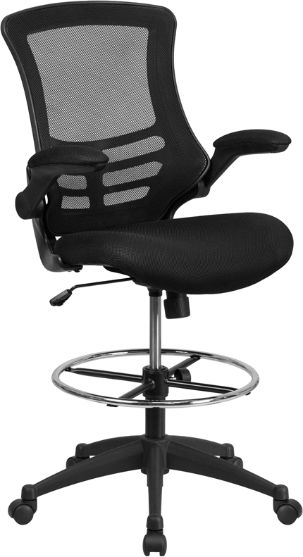Bl-x-5m-d-gg Mid-back Mesh Drafting Chair With Adjustable Foot Ring & Flip-up Arms, Black