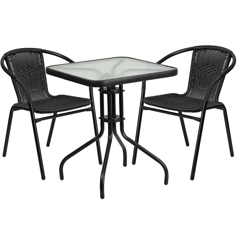 TLH-0731SQ-037BK2-GG 23.5 in. Square Glass Metal Table with 2 Black Rattan Stack Chairs