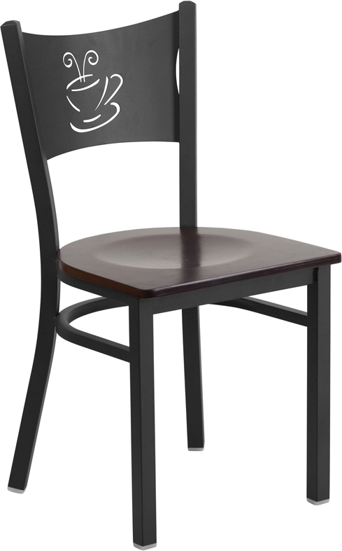 XU-DG-60099-COF-WALW-GG Hercules Series Black Coffee Back Metal Restaurant Chair - Walnut Wood Seat