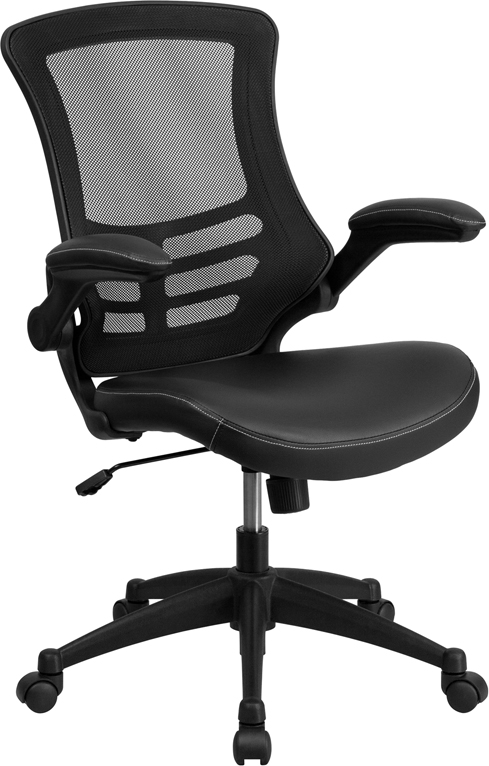Bl-x-5m-lea-gg Mid-back Black Mesh Swivel Task Chair With Leather Seat & Flip-up Arms