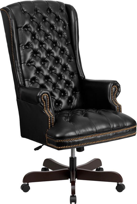 CI-360-BK-GG High Back Traditional Tufted Black Leather Executive Swivel Chair with Arms