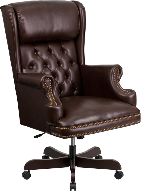 CI-J600-BRN-GG High Back Traditional Tufted Brown Leather Executive Swivel Chair with Arms