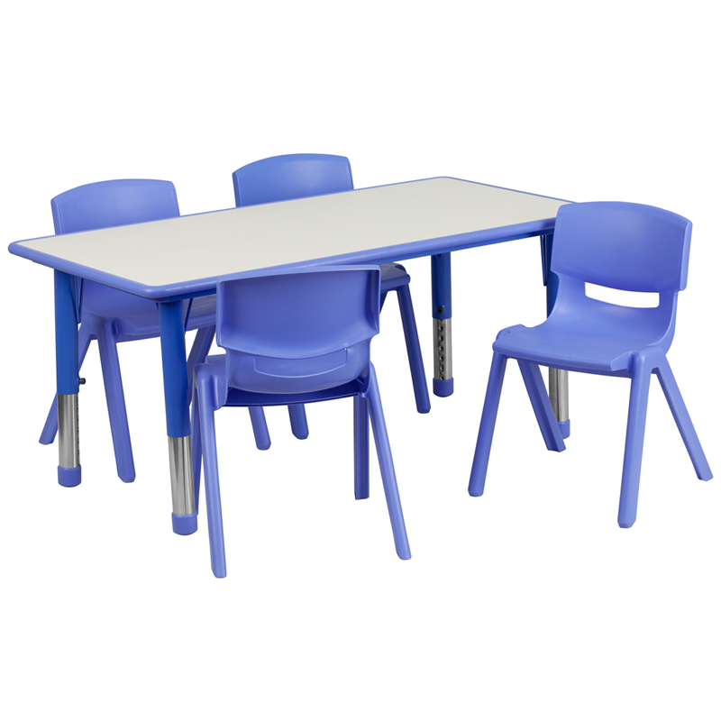 YU-YCY-060-0034-RECT-TBL-BLUE-GG 23.625 x 47.25 in. Rectangular Blue Plastic Height Adjustable Activity Table Set with 4 Chairs