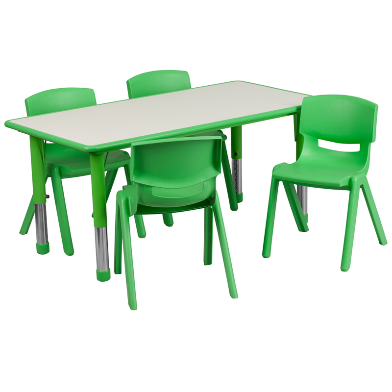 23.625 x 47.25 in. Rectangular Green Plastic Height Adjustable Activity Table Set with 4 Chairs