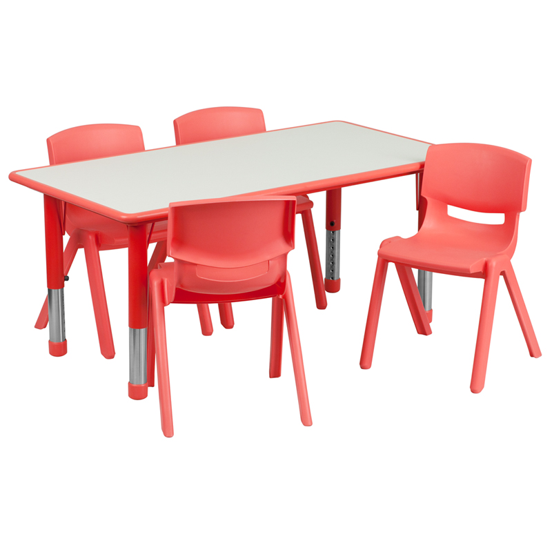 YU-YCY-060-0034-RECT-TBL-RED-GG 23.625 x 47.25 in. Rectangular Red Plastic Height Adjustable Activity Table Set with 4 Chairs