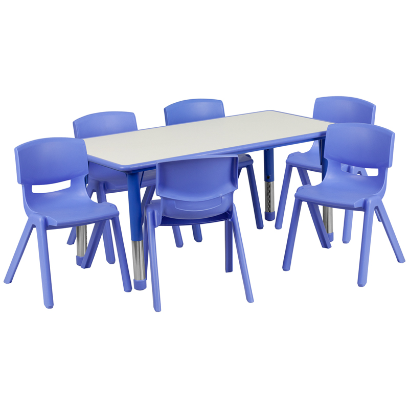 YU-YCY-060-0036-RECT-TBL-BLUE-GG 23.625 x 47.25 in. Rectangular Blue Plastic Height Adjustable Activity Table Set with 6 Chairs