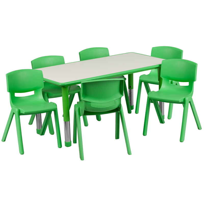 YU-YCY-060-0036-RECT-TBL-GREEN-GG 23.625 x 47.25 in. Rectangular Green Plastic Height Adjustable Activity Table Set with 6 Chairs