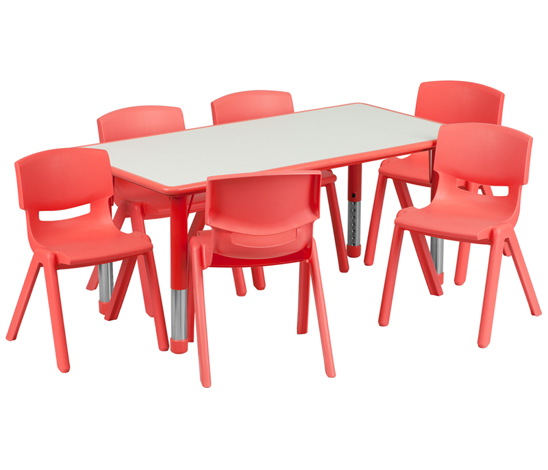YU-YCY-060-0036-RECT-TBL-RED-GG 23.625 x 47.25 in. Rectangular Red Plastic Height Adjustable Activity Table Set with 6 Chairs