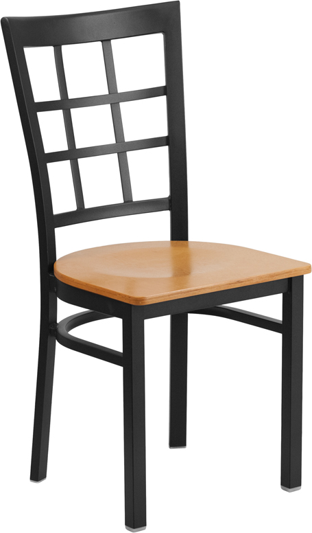 XU-DG6Q3BWIN-NATW-GG Hercules Series Black Window Back Metal Restaurant Chair - Natural Wood Seat