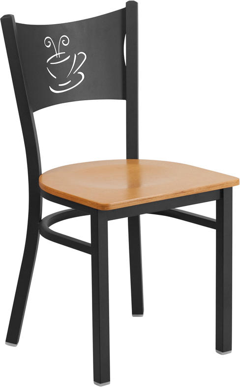 XU-DG-60099-COF-NATW-GG Hercules Series Black Coffee Back Metal Restaurant Chair - Natural Wood Seat