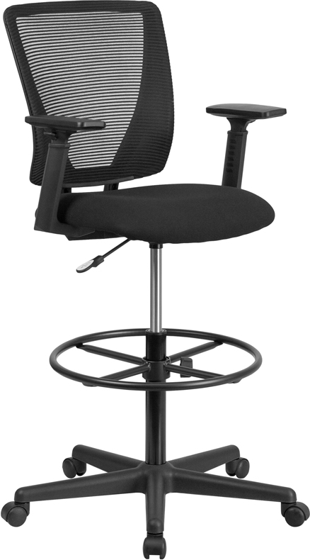 GO-2100-A-GG Ergonomic Mid-Back Mesh Drafting Chair with Black Fabric Seat, Adjustable Foot Ring & Adjustable Arms