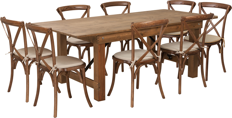XA-FARM-10-GG Hercules Series 7 ft. x 40 in. Antique Rustic Folding Farm Table Set with 8 Cross Back Chairs & Cushions