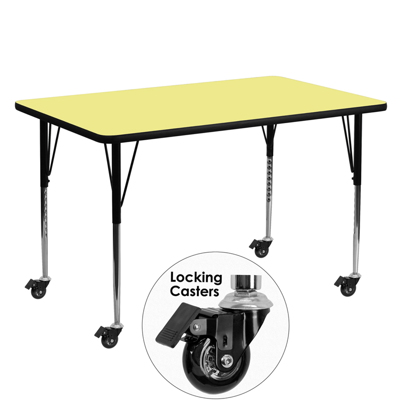 XU-A3060-REC-YEL-T-A-CAS-GG Mobile 30 x 60 in. Rectangular Yellow Thermal Laminate Activity Table - Standard Height Adjustable Legs