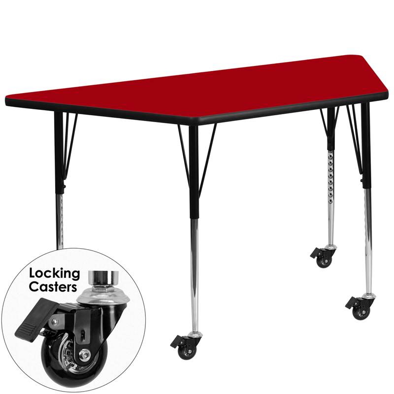XU-A3060-TRAP-RED-T-A-CAS-GG Mobile 30 x 60 in. Trapezoid Red Thermal Laminate Activity Table - Standard Height Adjustable Legs