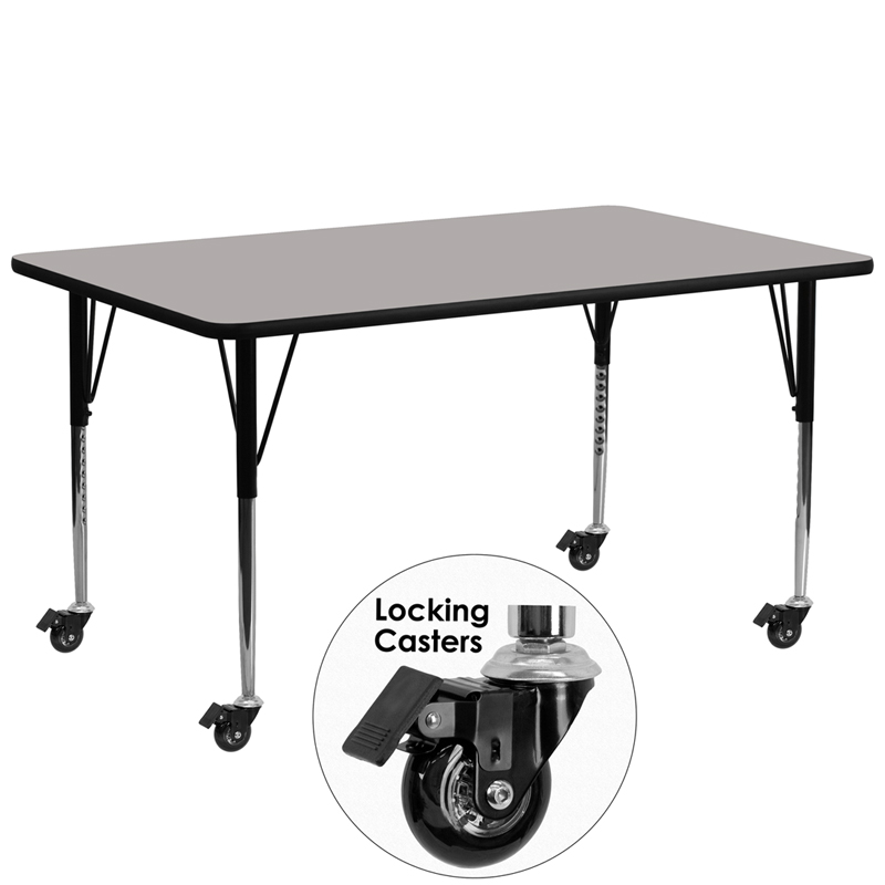 XU-A3072-REC-GY-H-A-CAS-GG Mobile 30 x 72 in. Rectangular Grey High Pressure Laminate Activity Table - Standard Height Adjustable Legs