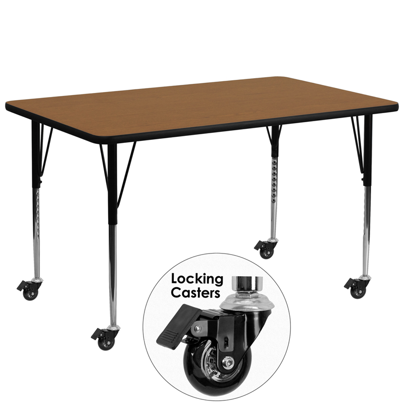 XU-A3072-REC-OAK-T-A-CAS-GG Mobile 30 x 72 in. Rectangular Oak Thermal Laminate Activity Table - Standard Height Adjustable Legs