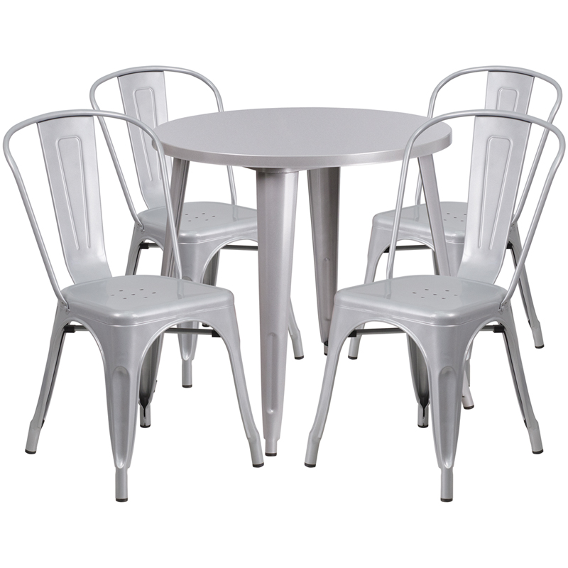 CH-51090TH-4-18CAFE-SIL-GG 30 in. Round Silver Metal Indoor & Outdoor Table Set with 4 Cafe Chairs