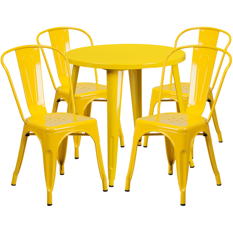 CH-51090TH-4-18CAFE-YL-GG 30 in. Round Yellow Metal Indoor & Outdoor Table Set with 4 Cafe Chairs