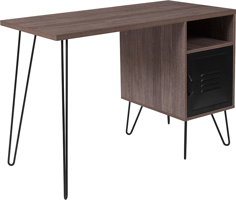 Nan-jn-21735t-gg Woodridge Collection Rustic Wood Grain Finish Computer Desk With Metal Cabinet Door & Black Metal Legs