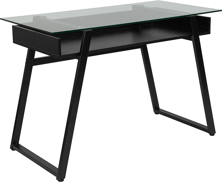 Nan-jn-2410-gg Huntley Glass Computer Desk With Shelf & Black Metal Legs