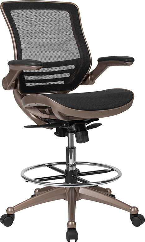 Bl-lb-8801x-d-gg Mid-back Transparent Black Mesh Drafting Chair With Melrose Gold Frame & Flip-up Arms
