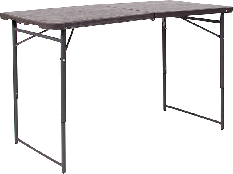 Dad-lf-122z-gg Height Adjustable Bi-fold Brown Wood Grain Plastic Folding Table With Carrying Handle, 23.5 X 48.25 In.