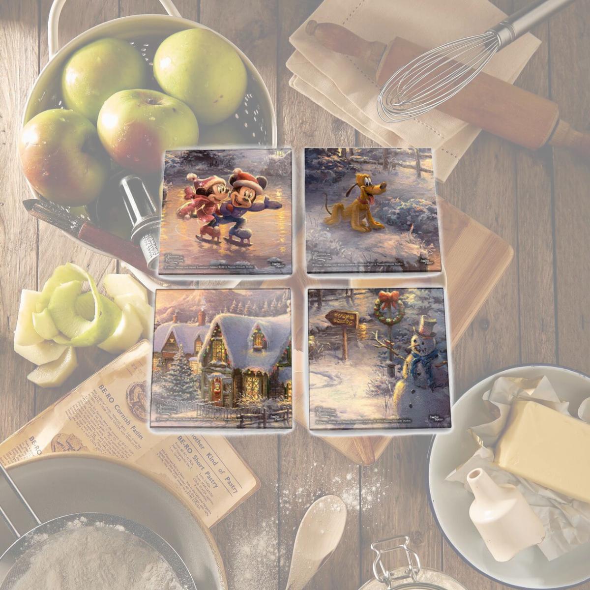 Picture of Trend Setters SPCSTR694 Thomas Kinkade Mickey & Minnie Sweetheart Holiday Starfire Prints Glass Coaster Set