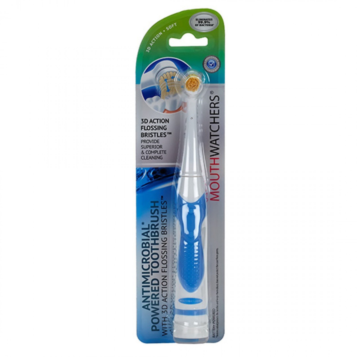 230634 Mouth Watchers Antimicrobial Adult Soft Power Toothbrushes, Blue
