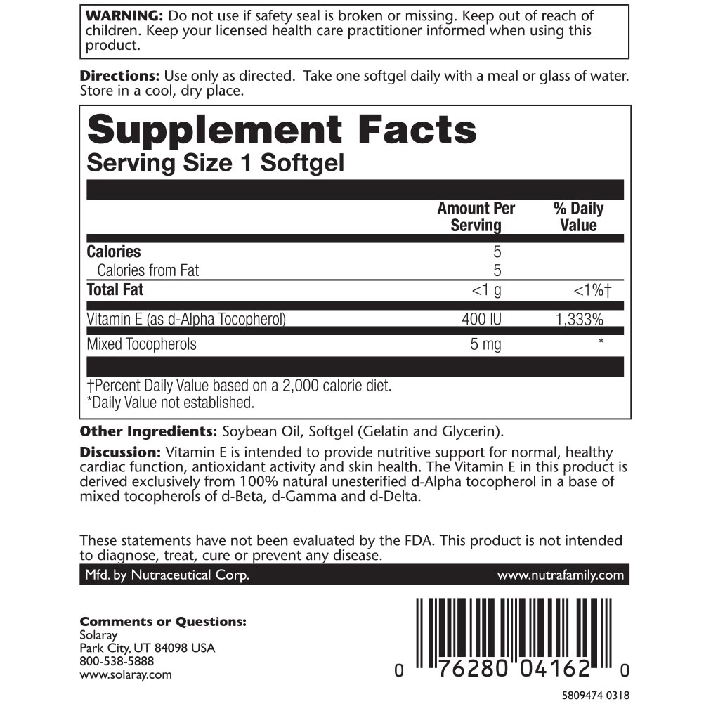 Picture of Solaray 234955 Vitamin E D-Alpha Tocopherol Dietary Supplement, 50 Count