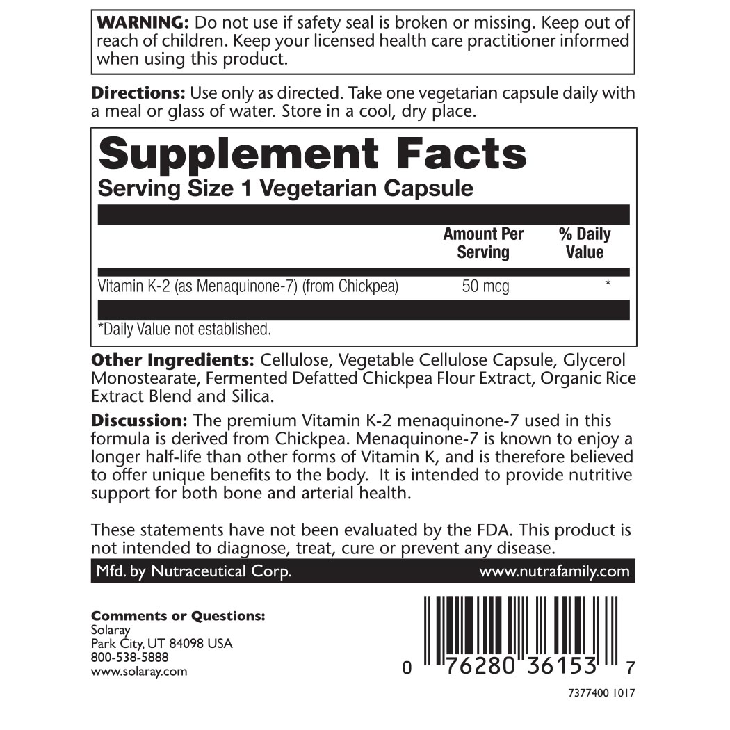 Picture of Solaray 234971 Vitamin K-2 MK-7 Dietary Supplement, 30 Count