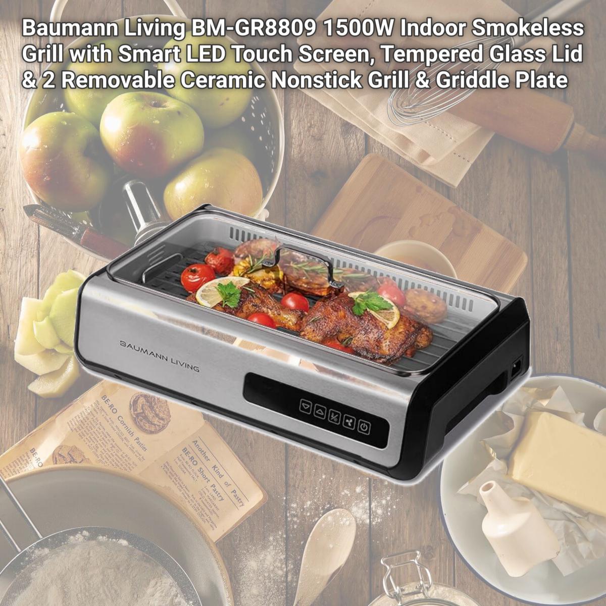 Picture of Baumann Living BM-GR8809 1500W Indoor Smokeless Grill with Smart LED Touch Screen, Tempered Glass Lid & 2 Removable Ceramic Nonstick Grill & Griddle Plate