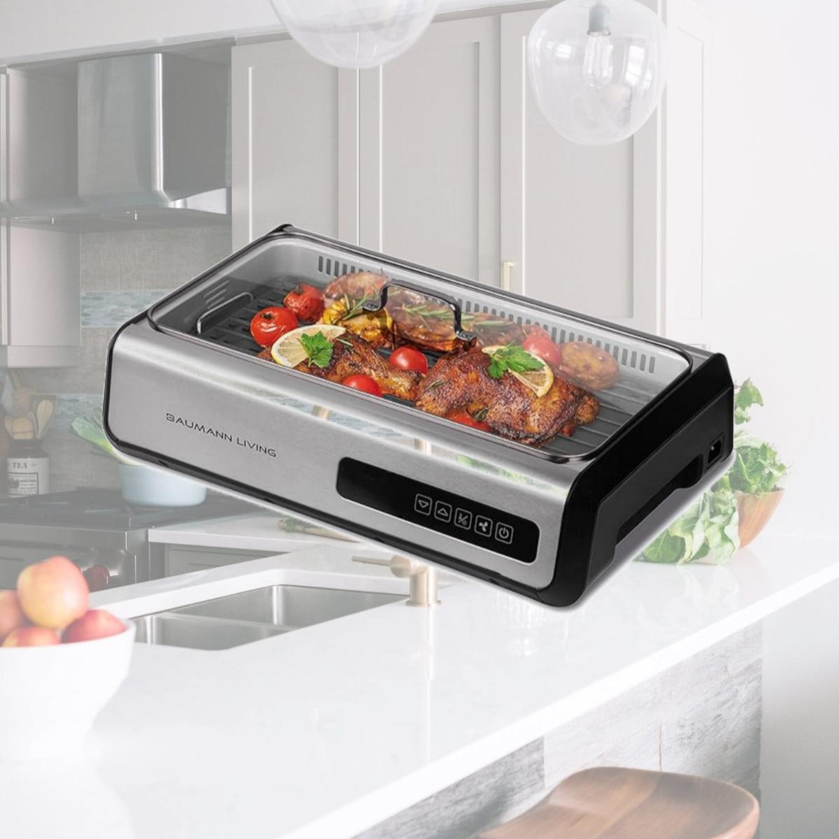 Picture of Baumann Living BM-GR8809 1500W Indoor Smokeless Grill with Smart LED Touch Screen, Tempered Glass Lid & 2 Removable Ceramic Nonstick Grill & Griddle Plate
