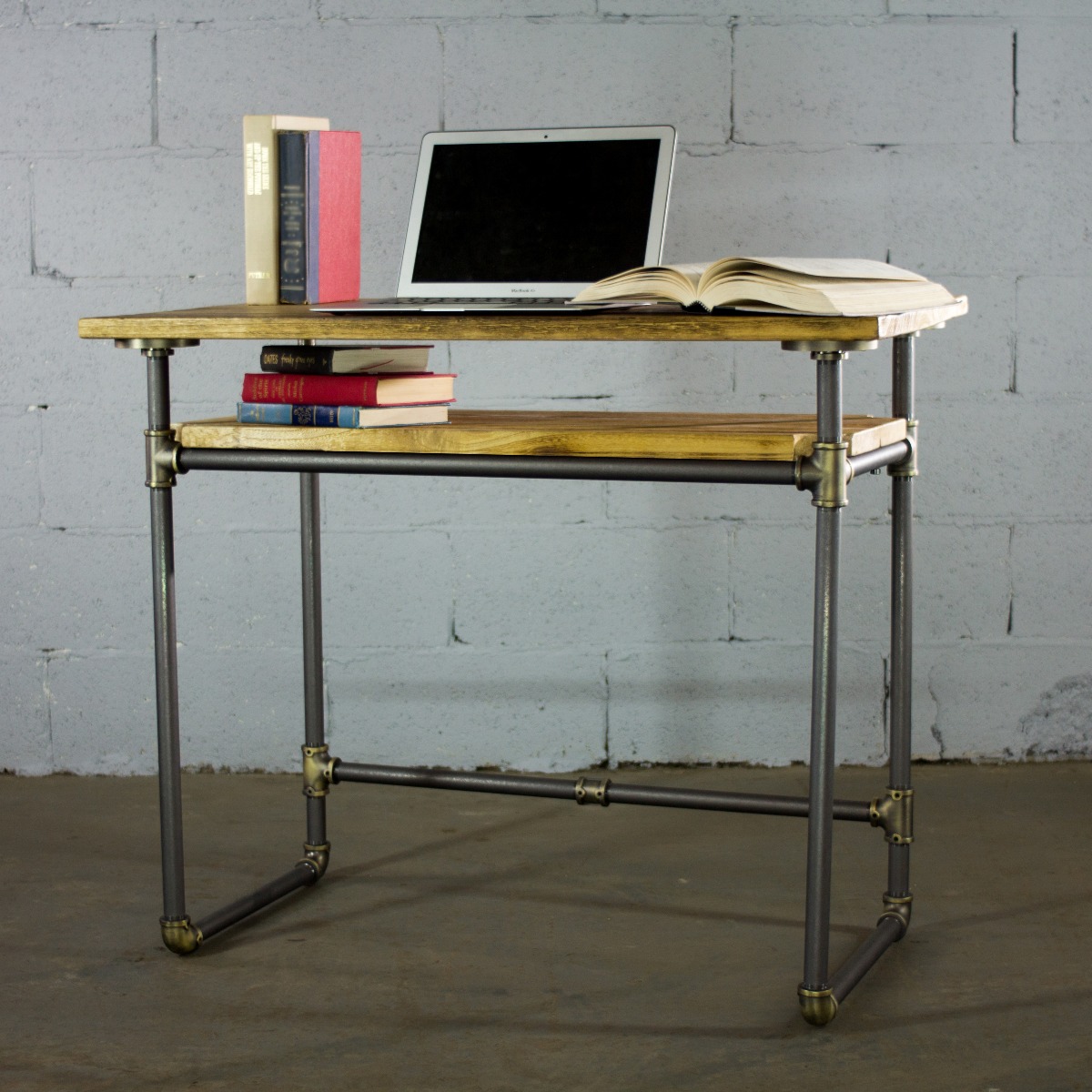 Dsk1-br-gr-na Berkeley Industrial Mid-century Writing Desk, Brushed Brass Gray Steel Combo With Natural Stained Wood