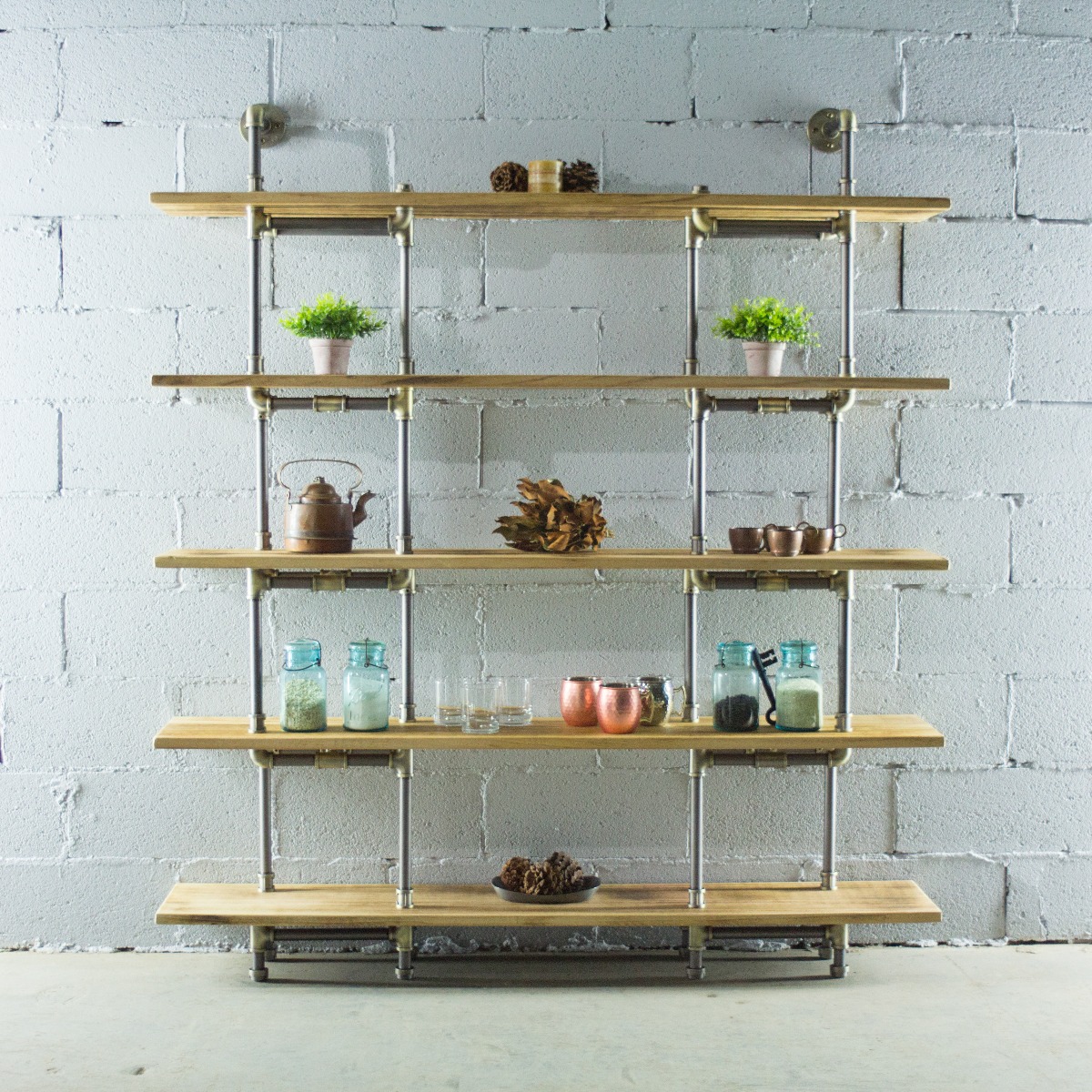 Scs1-br-gr-na Eugene Modern Industrial Bookcase, Brushed Brass Gray Steel Combo With Natural Stained Wood