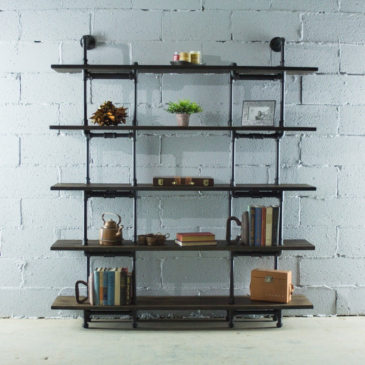 Scs1-bl-bl-bl Eugene Modern Industrial Bookcase, Black Steel Combo With Dark Brown Stained Wood