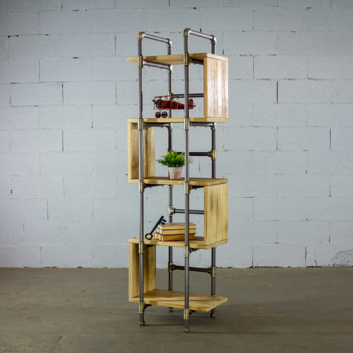 Ow1-br-gr-na Tucson Modern Industrial Etagere Bookcase Display, Brushed Brass Gray Steel Combo With Natural Stained Wood