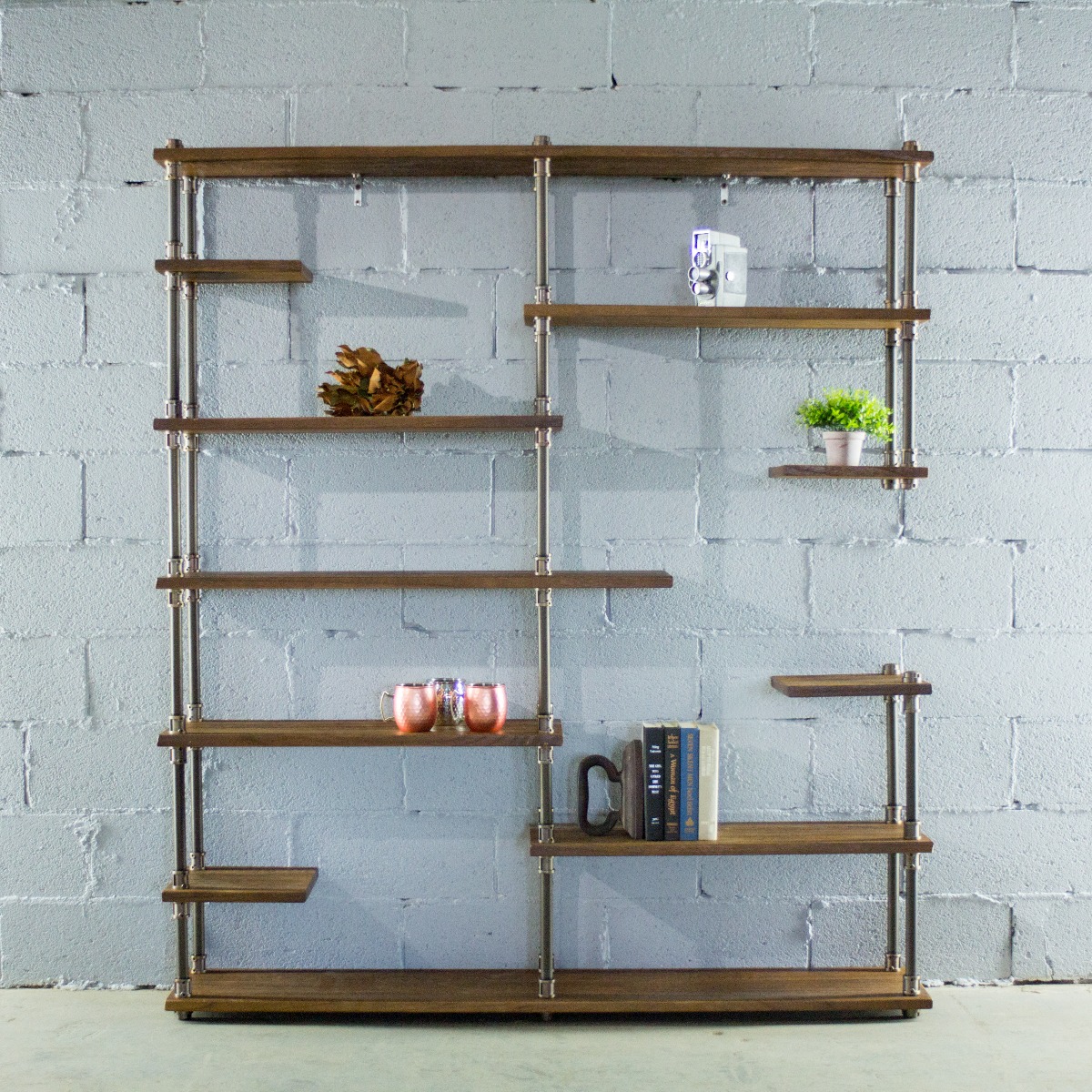 Moo1-bz-bz-br Nashville Industrial Mid-century Etagere Bookcase, Rustic Bronze Combo With Light Brown Stained Wood
