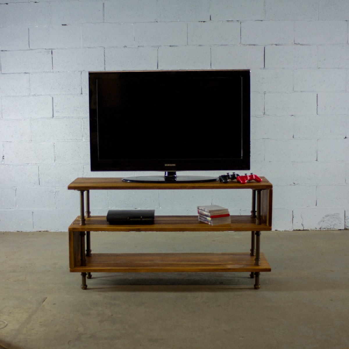 Tvs1-bz-bz-br Tucson Modern Industrial Tv Stand, Rustic Bronze Combo With Light Brown Stained Wood