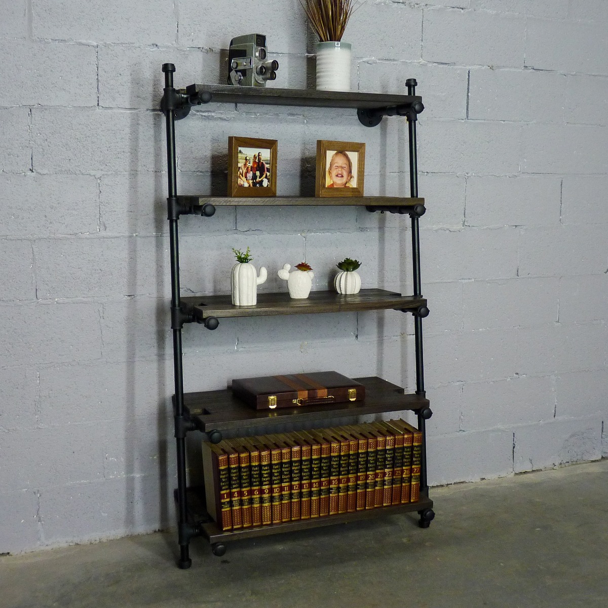 Twls1-bl-bl-bl 35 In. Orlando Farmhouse Industrial Leaning Bookcase, Black Steel Combo With Dark Brown Stained Wood