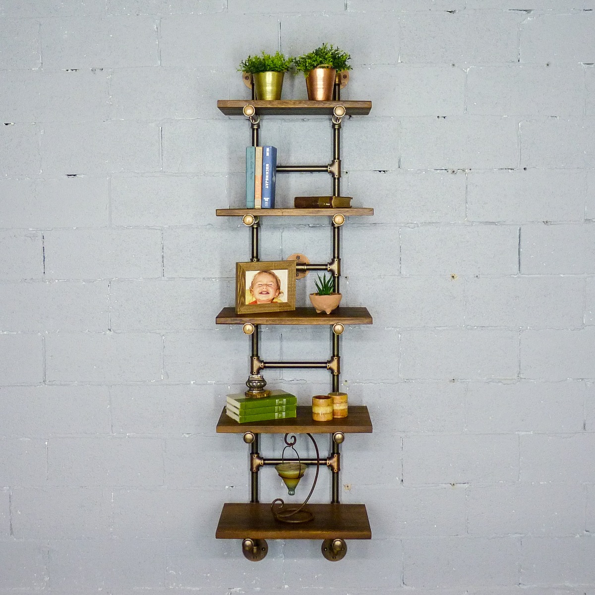 Swu1-bz-bz-br Phoenix Modern Industrial Ladder Wall Mounted Bookcase, Rustic Bronze Combo With Light Brown Stained Wood