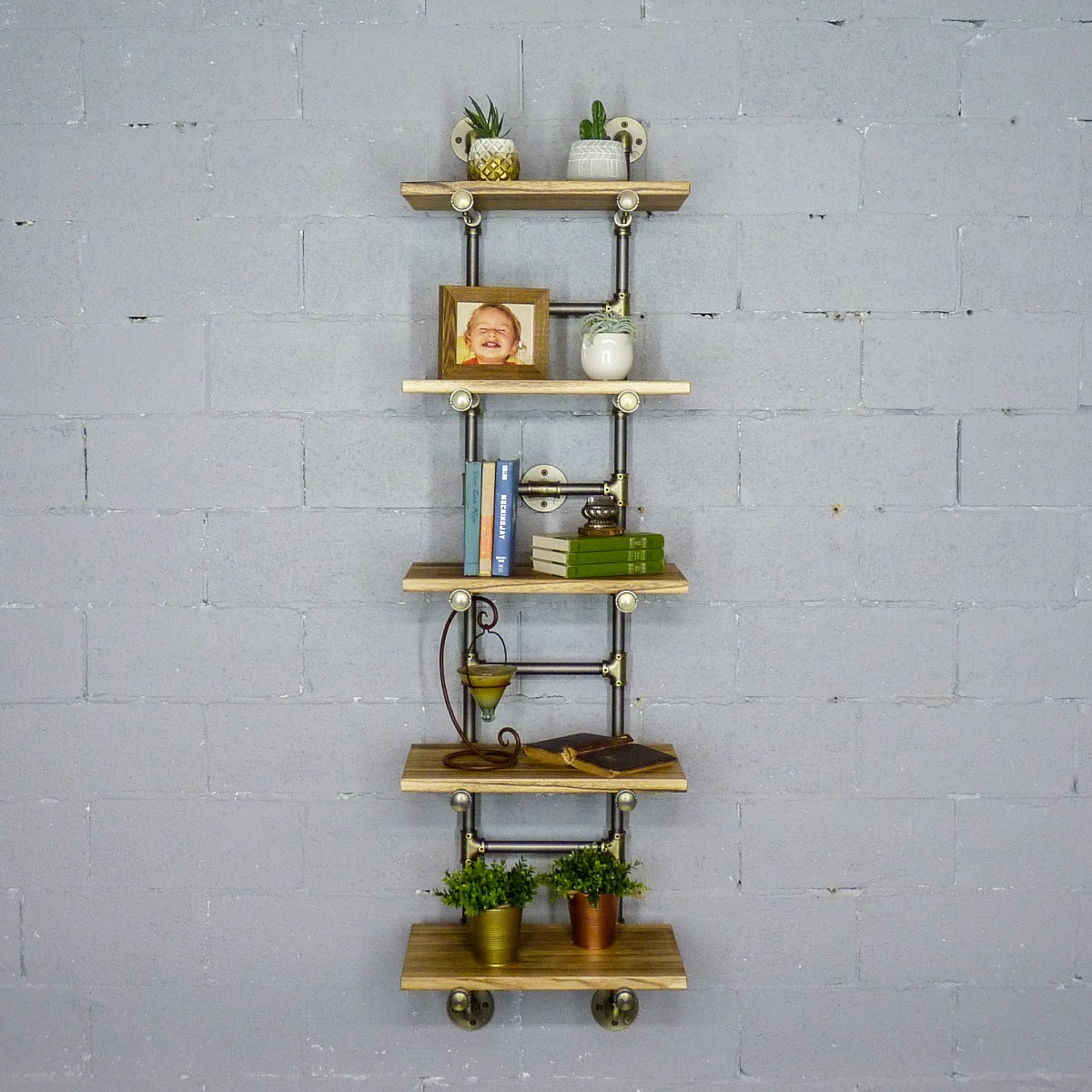 Swu1-br-gr-na Phoenix Modern Industrial Ladder Wall Mounted Bookcase, Brushed Brass Gray Steel Combo With Natural Stained Wood